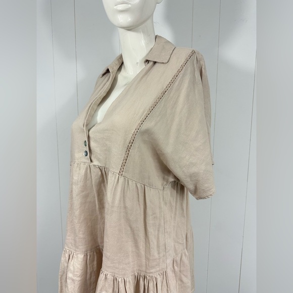 ZARA Women M Beige V neck Half Button Short Sleeve Boho Linen Blend Mini Dress - Picture 4 of 11